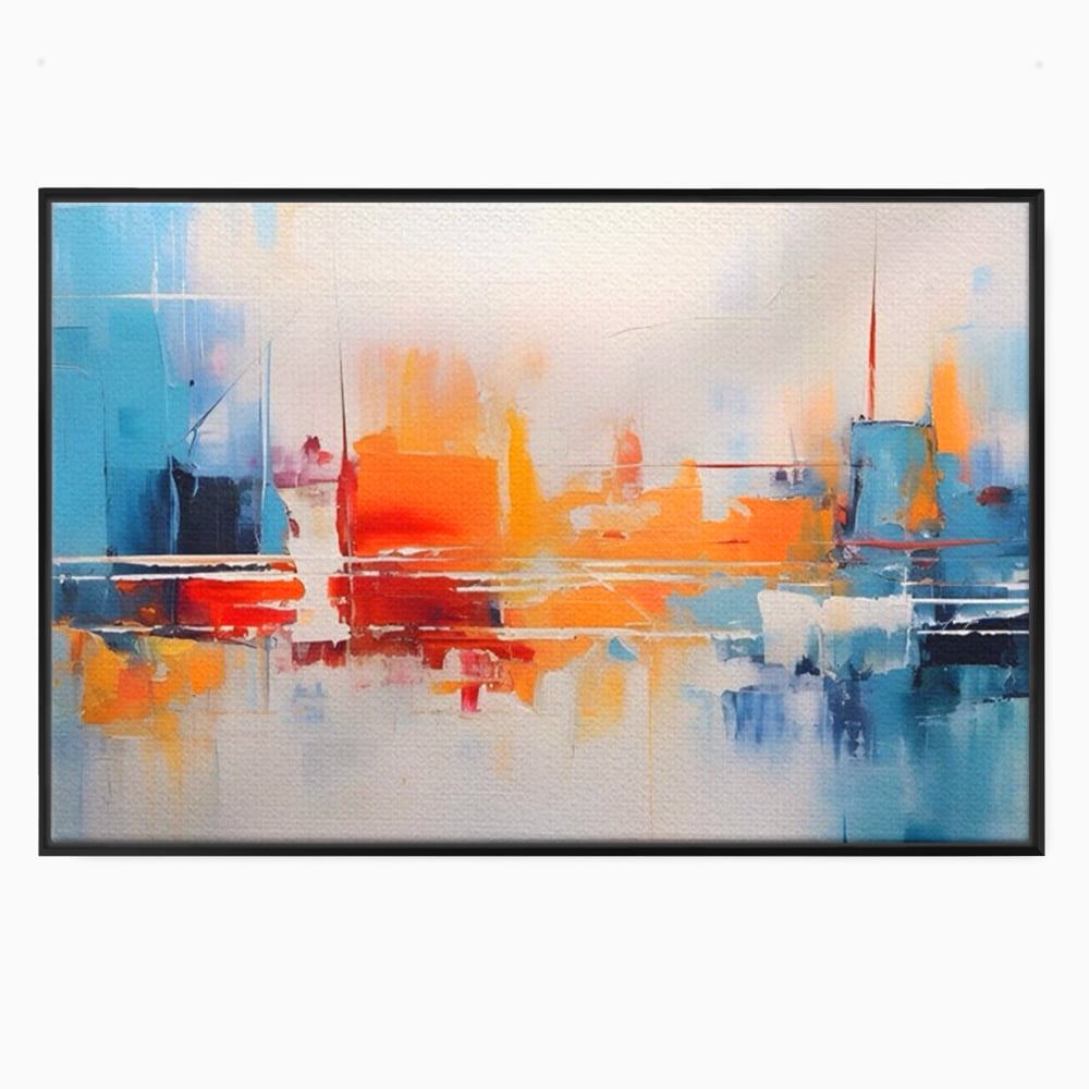 Tablou canvas cu pictura abstracta cu peisaj urban, in rama de aluminiu negru